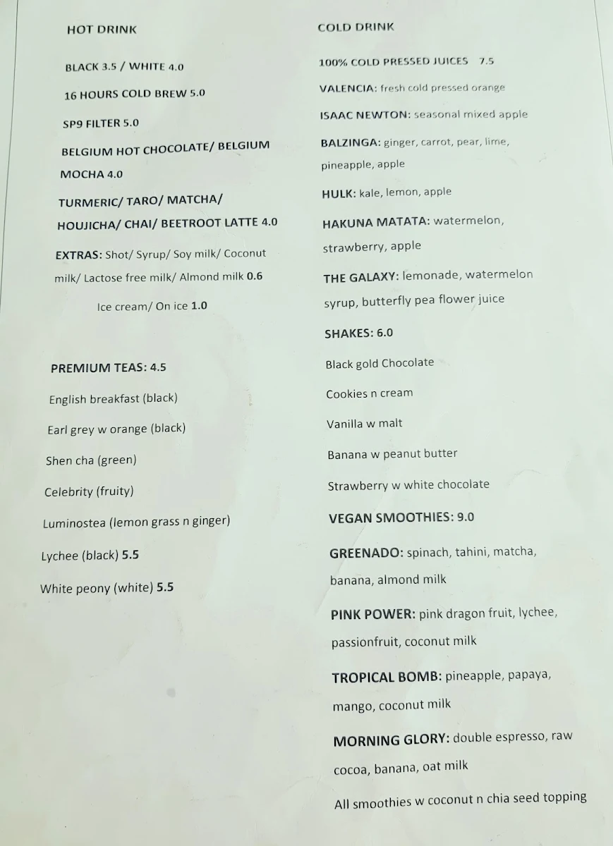 Menu, Atlas West Perth