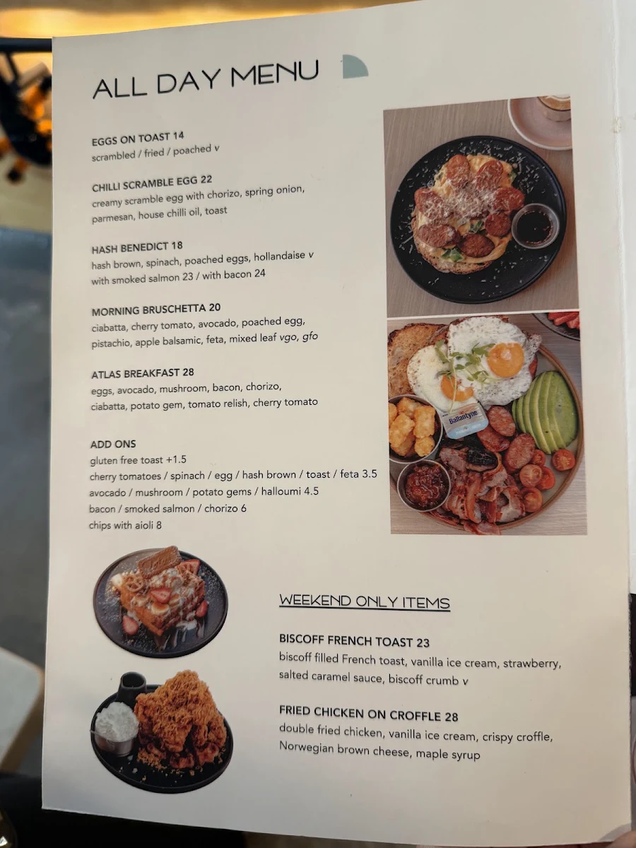 Menu, Atlas West Perth
