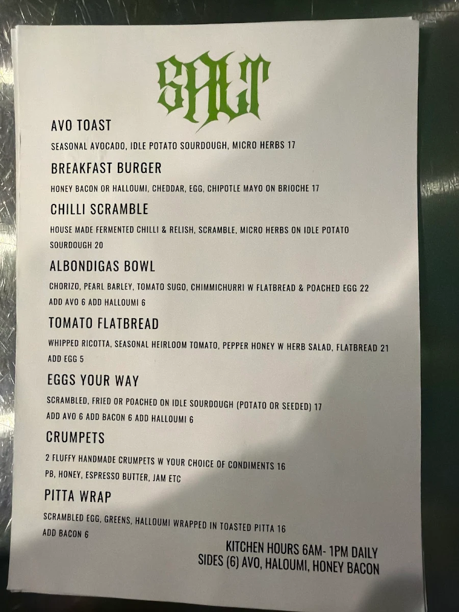 Menu, Salt Coffee Roasters