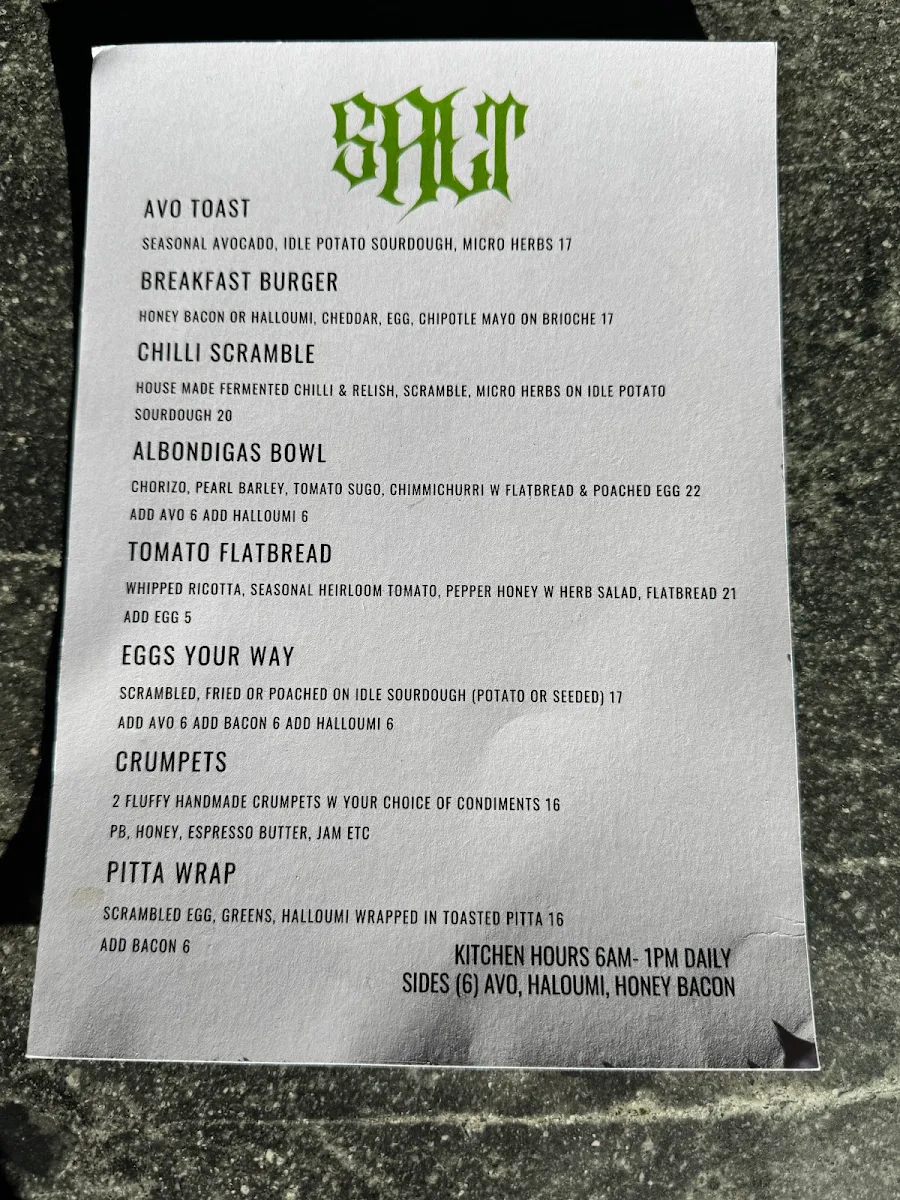 Menu, Salt Coffee Roasters