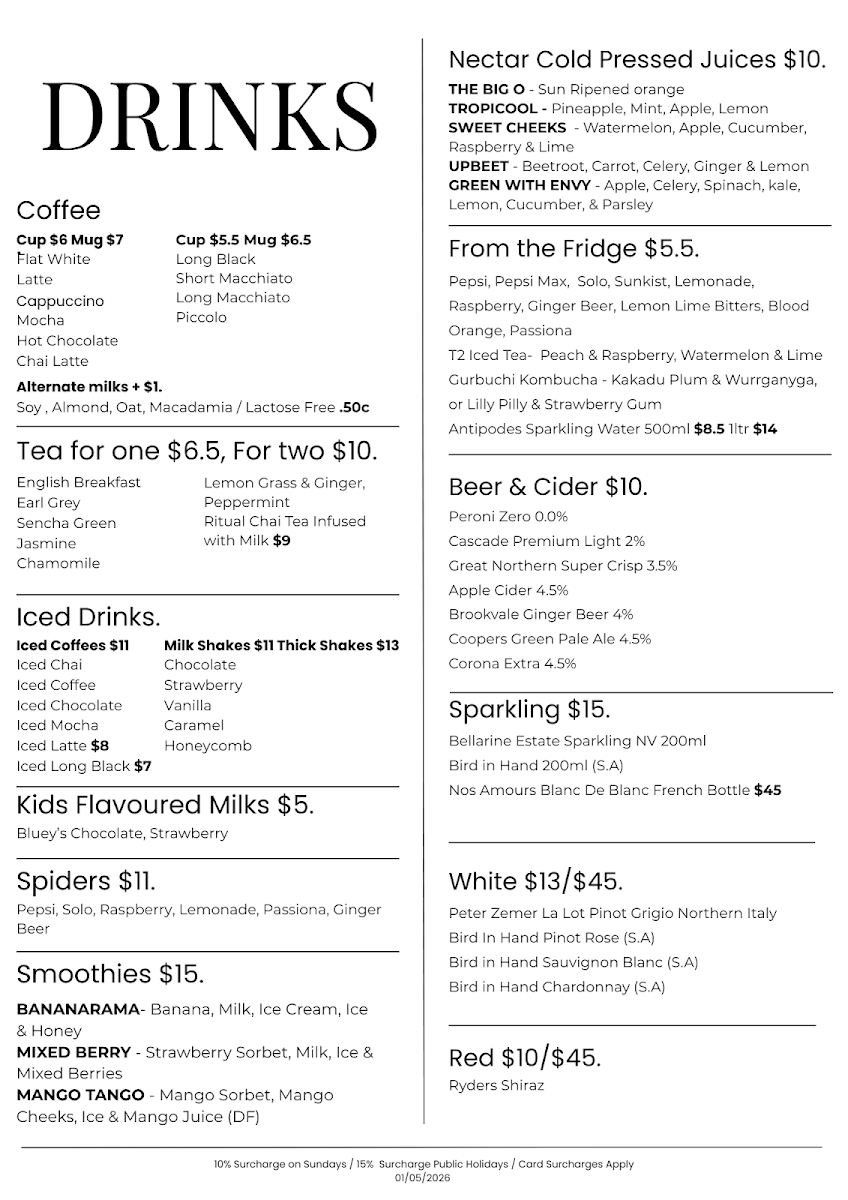 Menu, Old Butter Factory Cafe