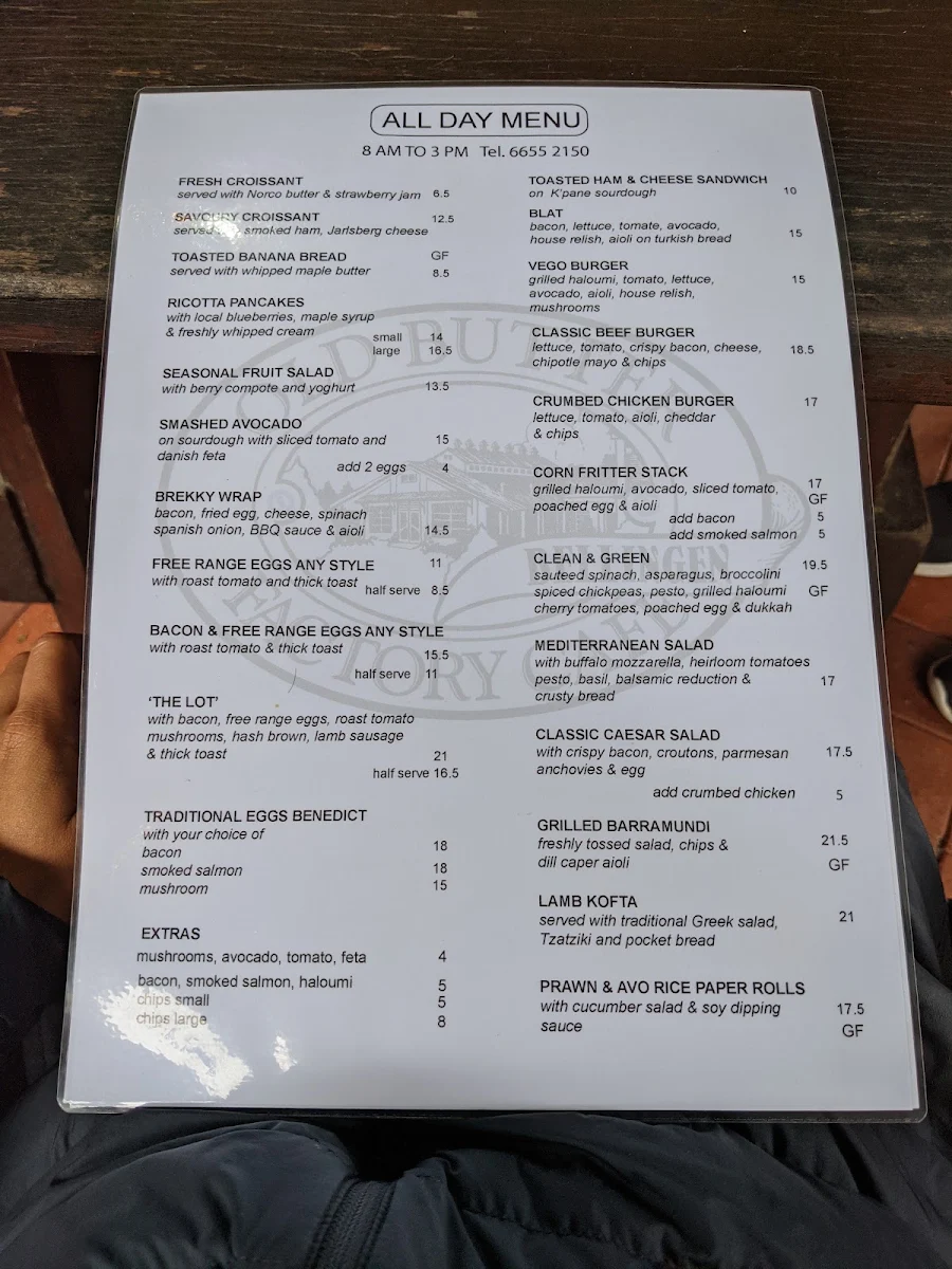 Menu, Old Butter Factory Cafe