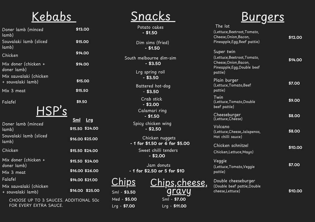 Menu, Bairnsdale Doner Kebabs