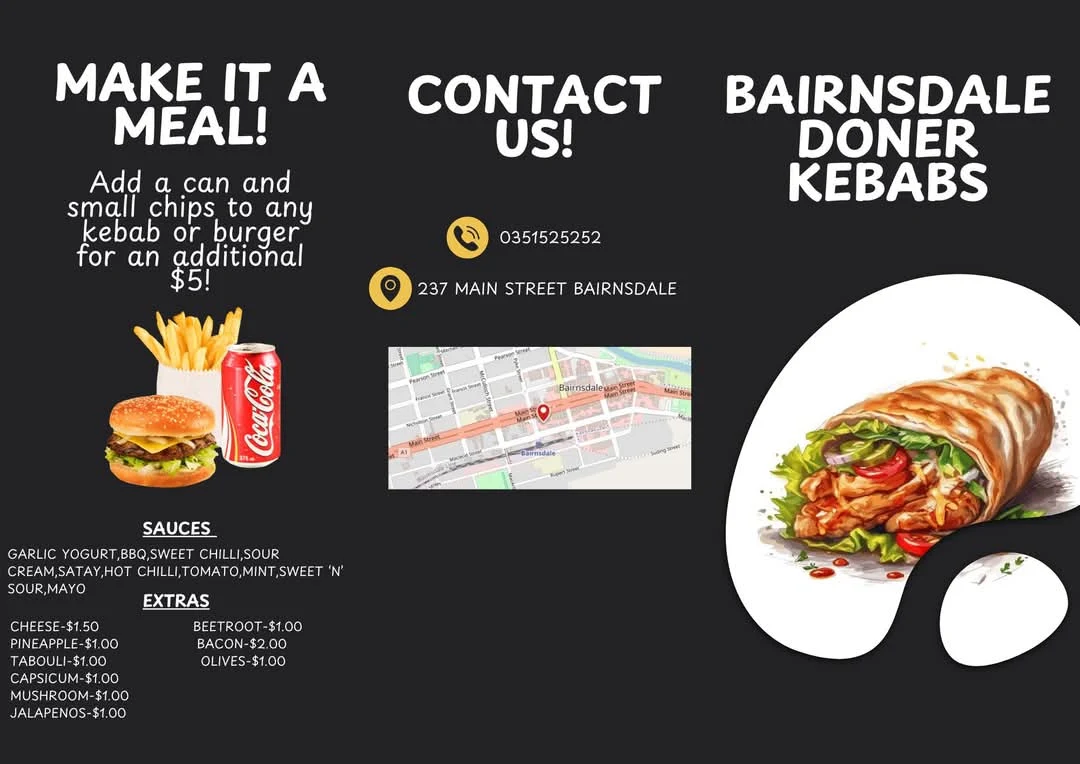 Menu, Bairnsdale Doner Kebabs