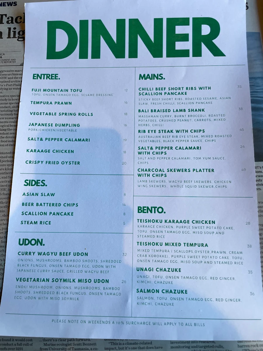 Menu, Overture Cafe & Restaurant