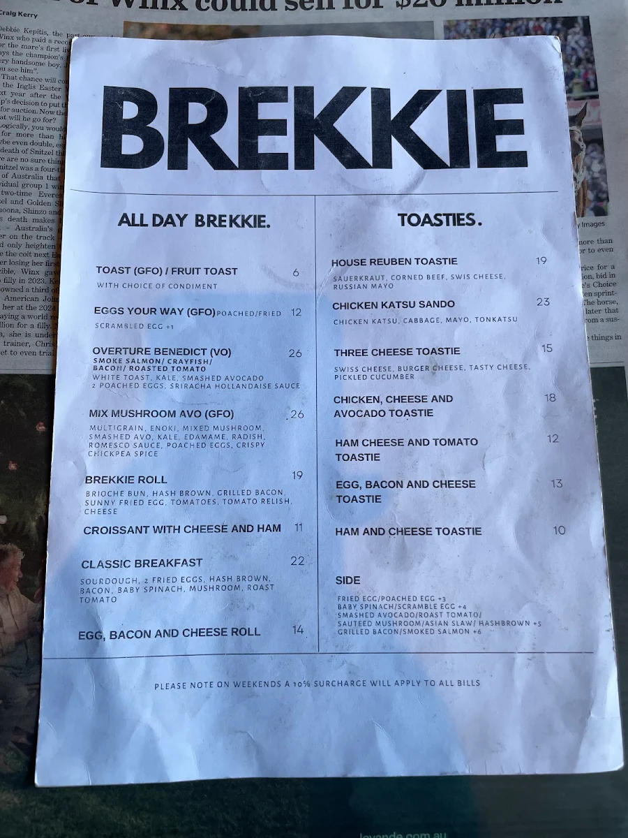 Menu, Overture Cafe & Restaurant