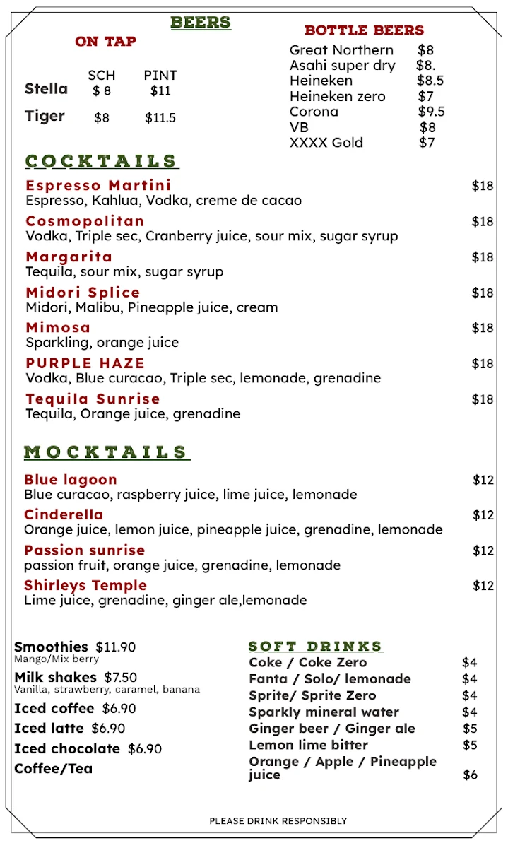 Menu, Flames Cafe & Restaurant