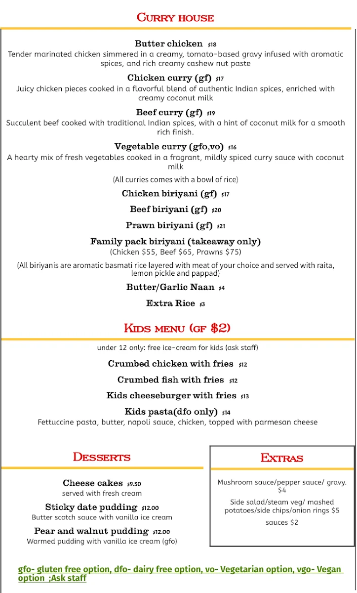 Menu, Flames Cafe & Restaurant