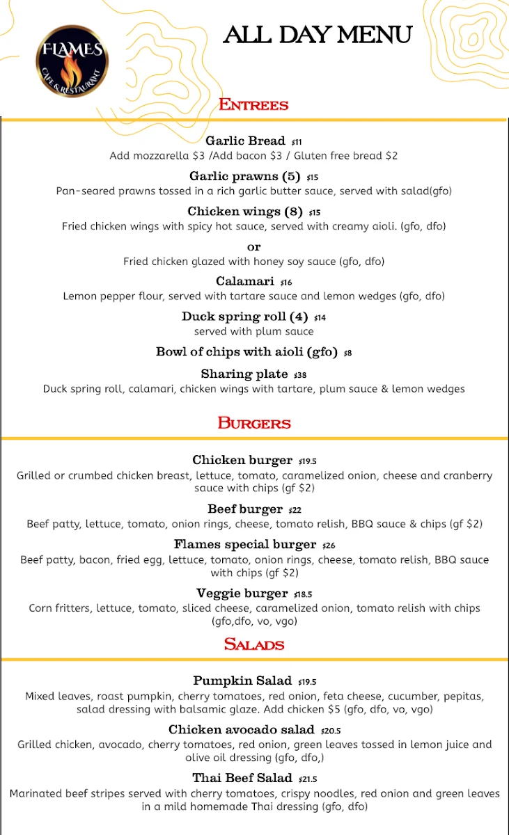 Menu, Flames Cafe & Restaurant