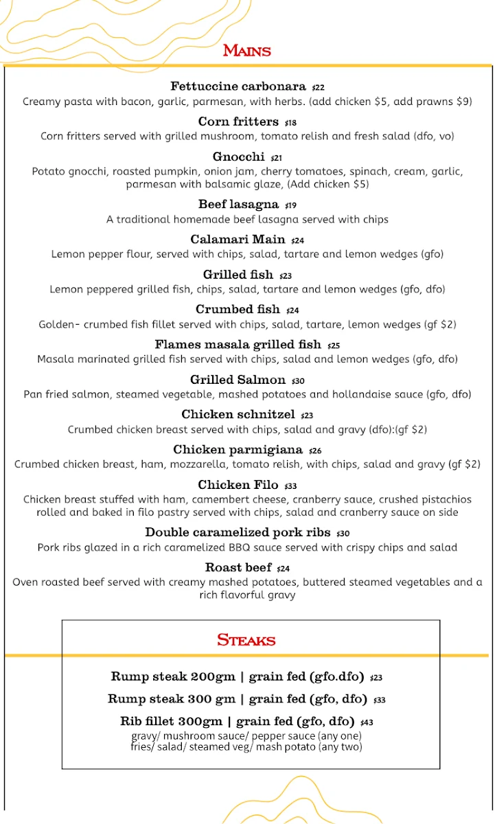 Menu, Flames Cafe & Restaurant