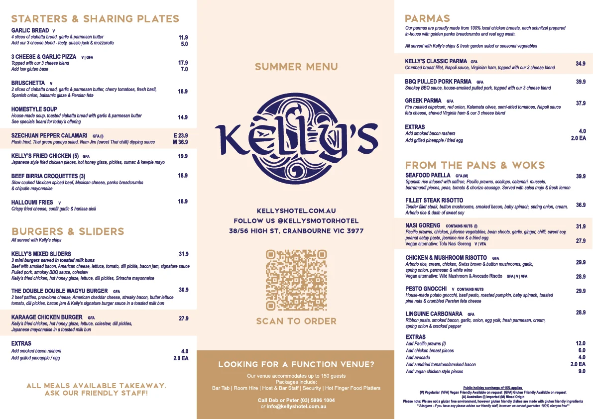 Menu, Kelly's Hotel