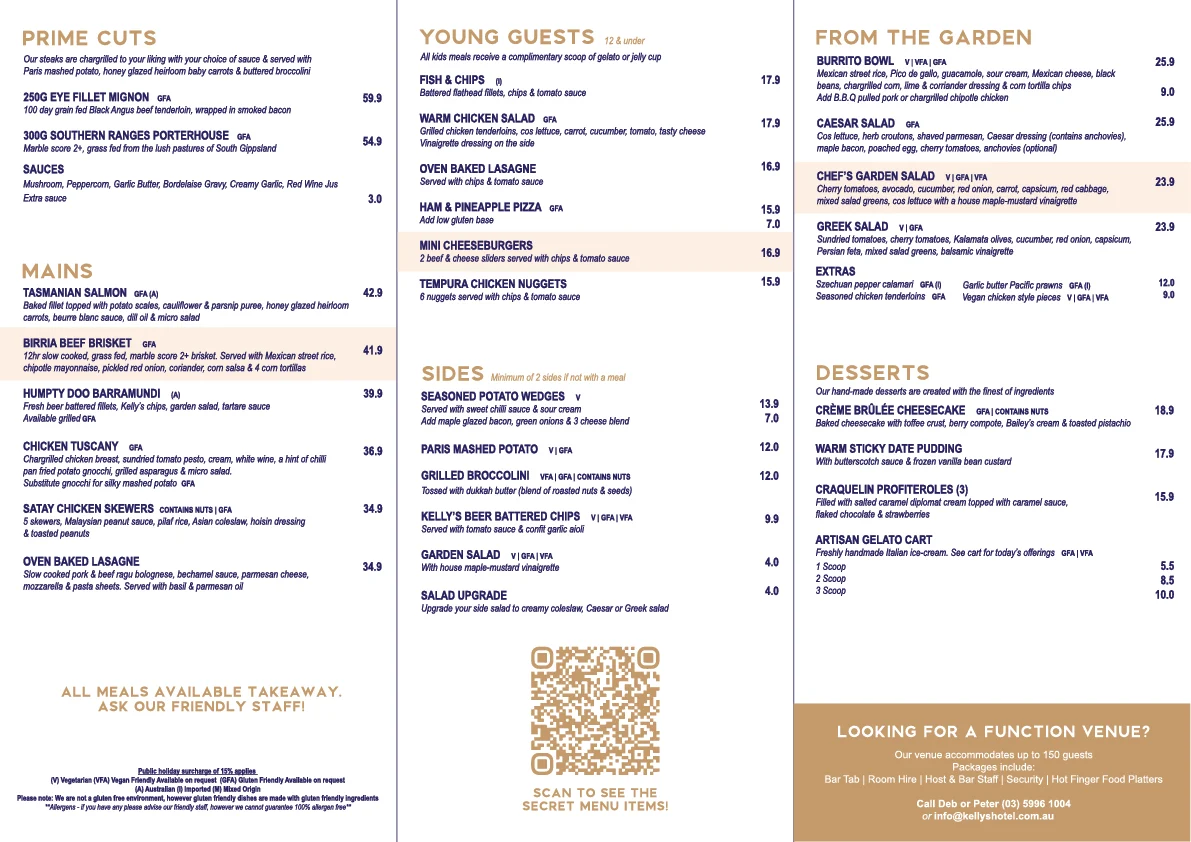 Menu, Kelly's Hotel