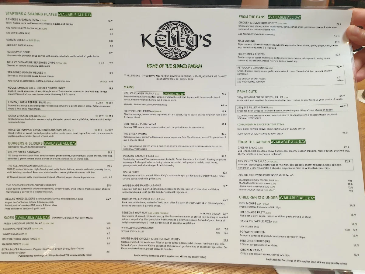 Menu, Kelly's Hotel