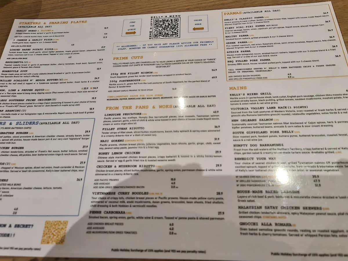 Menu, Kelly's Hotel