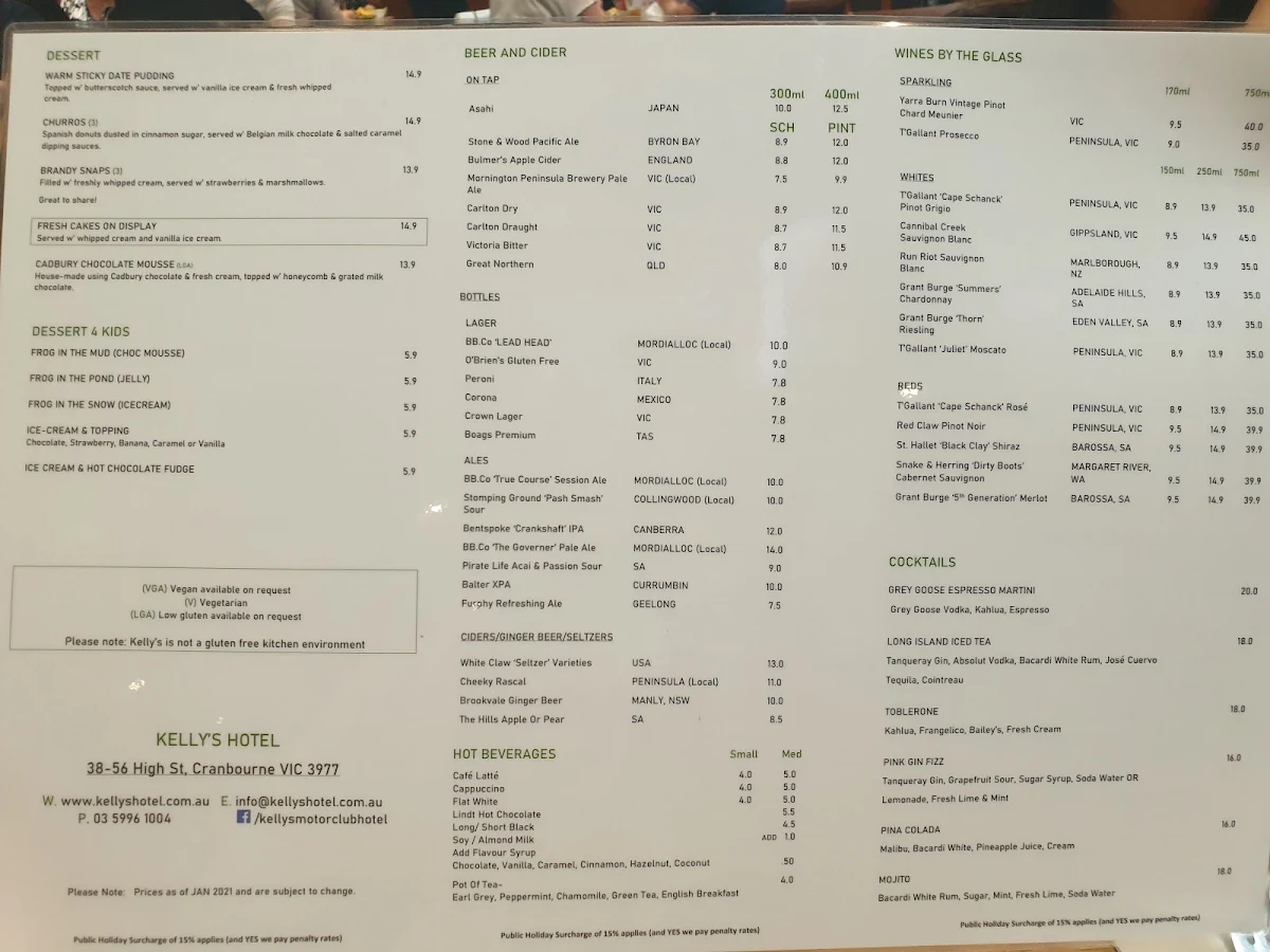 Menu, Kelly's Hotel