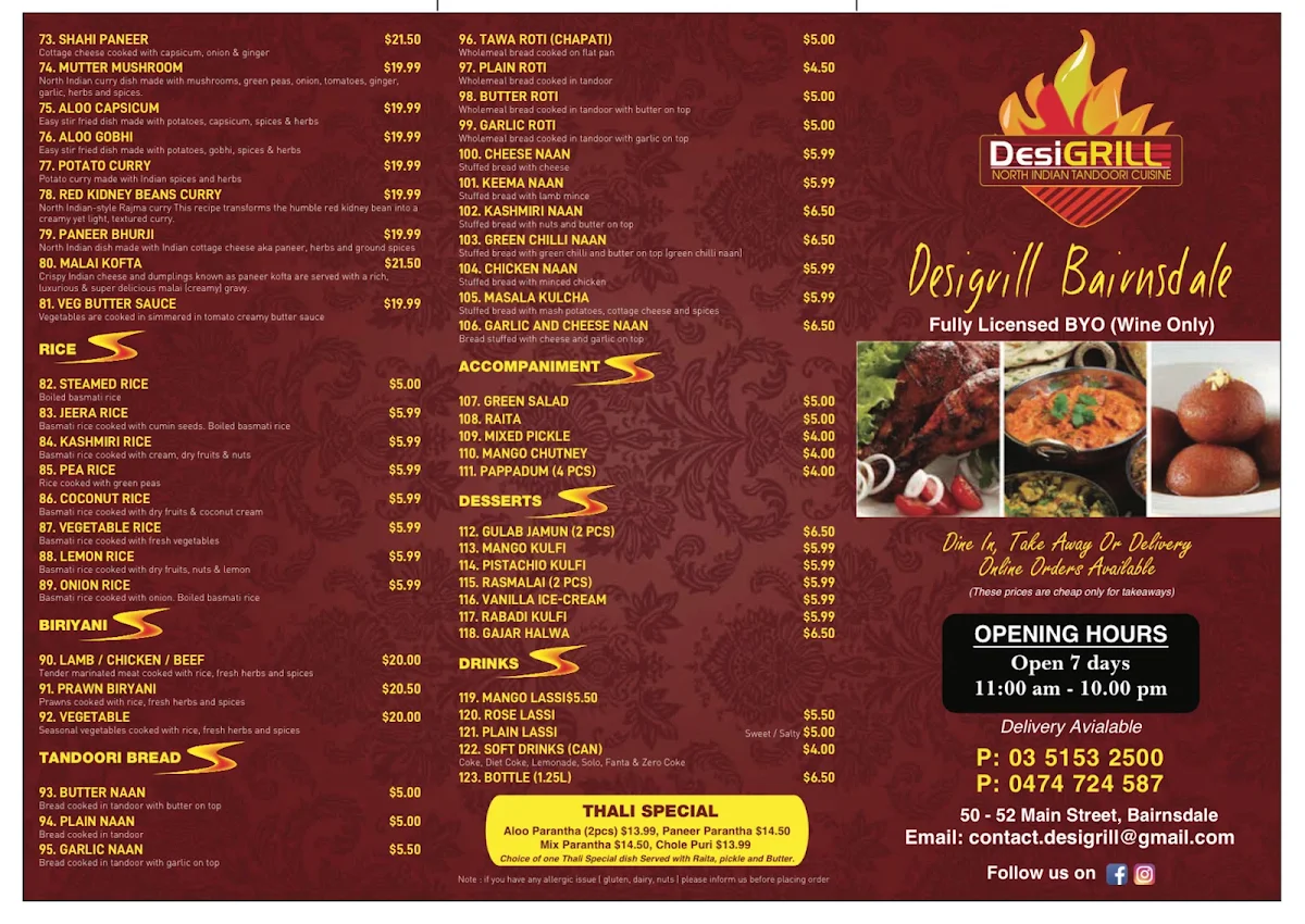 Menu, Desi Grill Bairnsdale