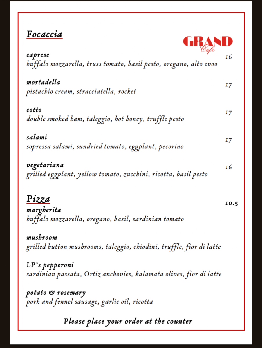 Menu, Grand Cafe Eatery
