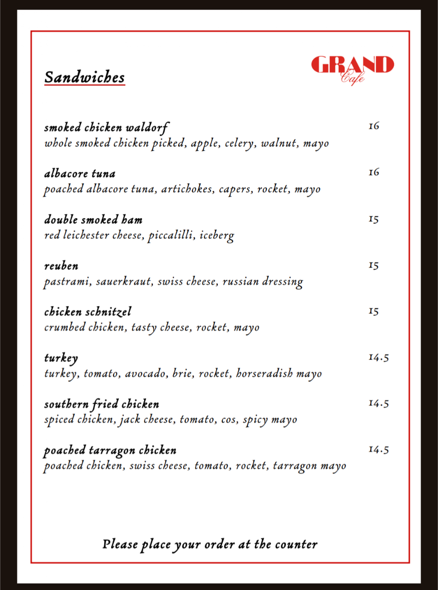 Menu, Grand Cafe Eatery