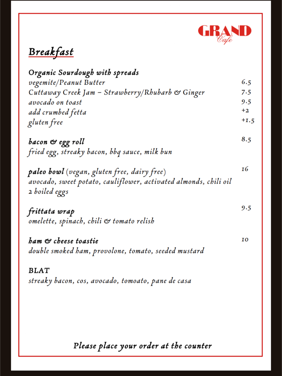 Menu, Grand Cafe Eatery