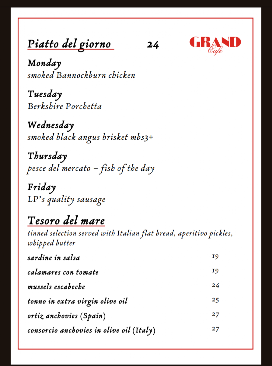 Menu, Grand Cafe Eatery
