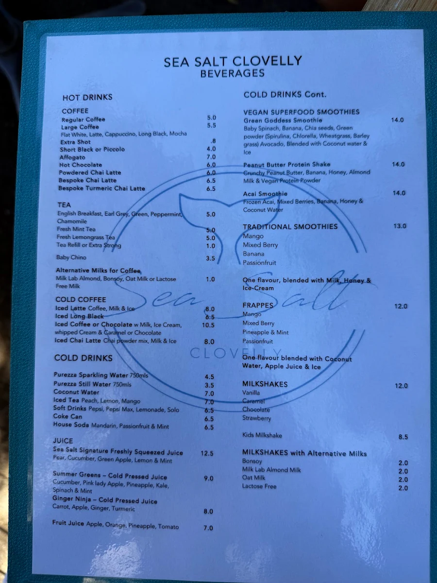 Menu, Seasalt Clovelly