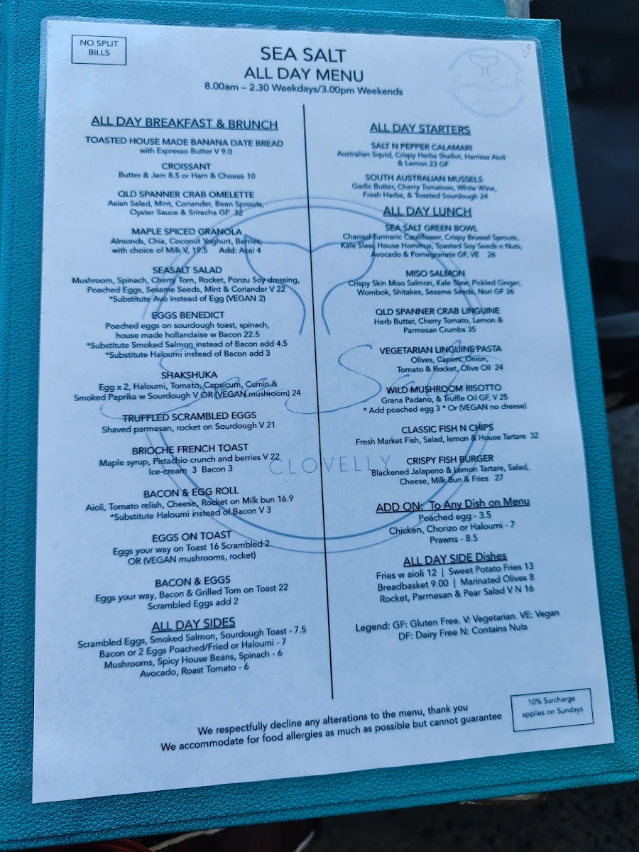 Menu, Seasalt Clovelly