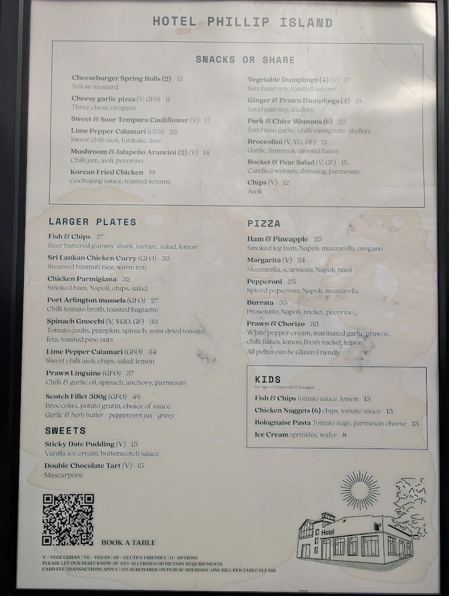 Menu, Hotel Phillip Island