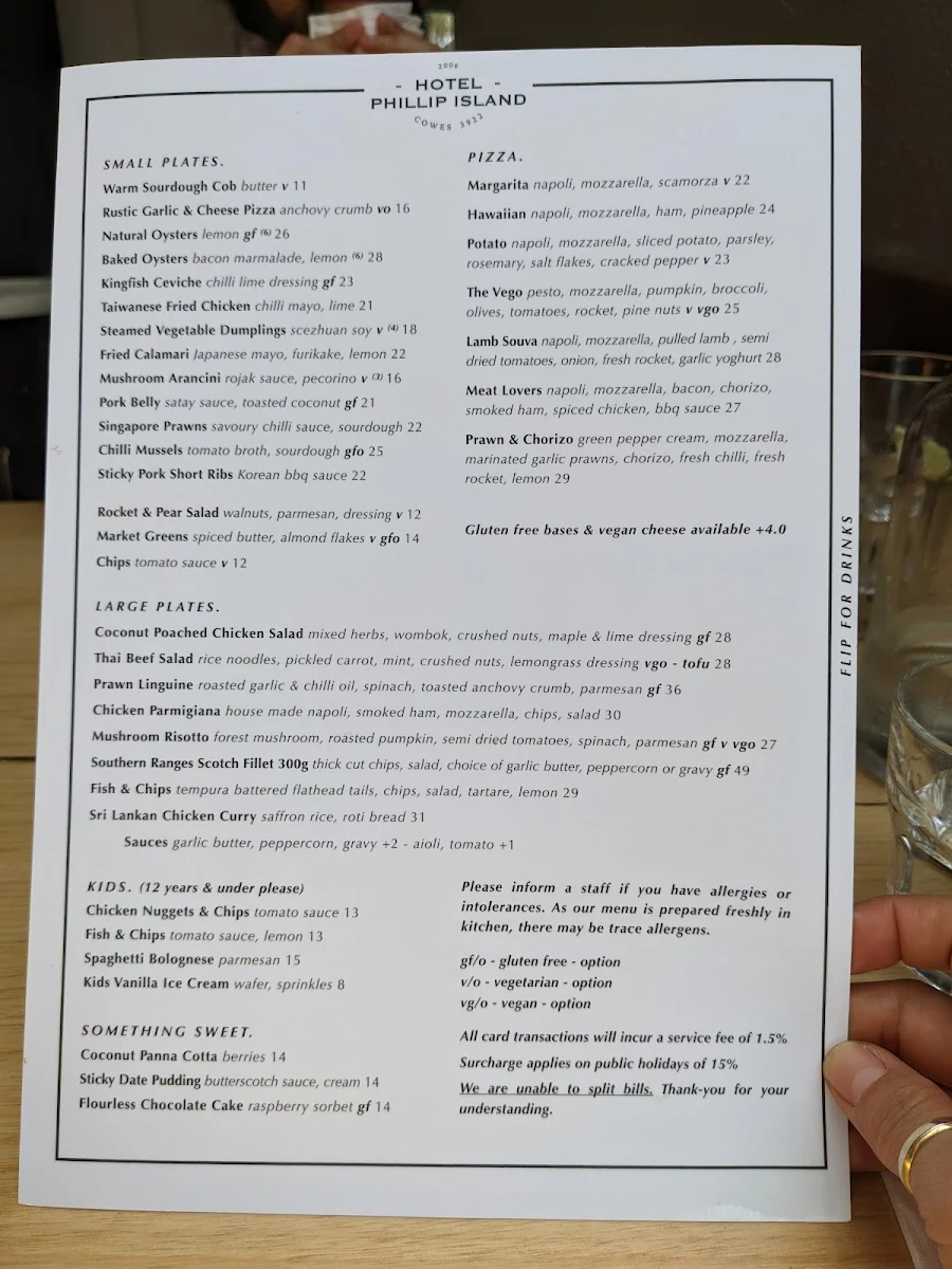 Menu, Hotel Phillip Island