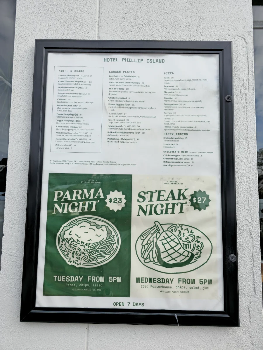 Menu, Hotel Phillip Island