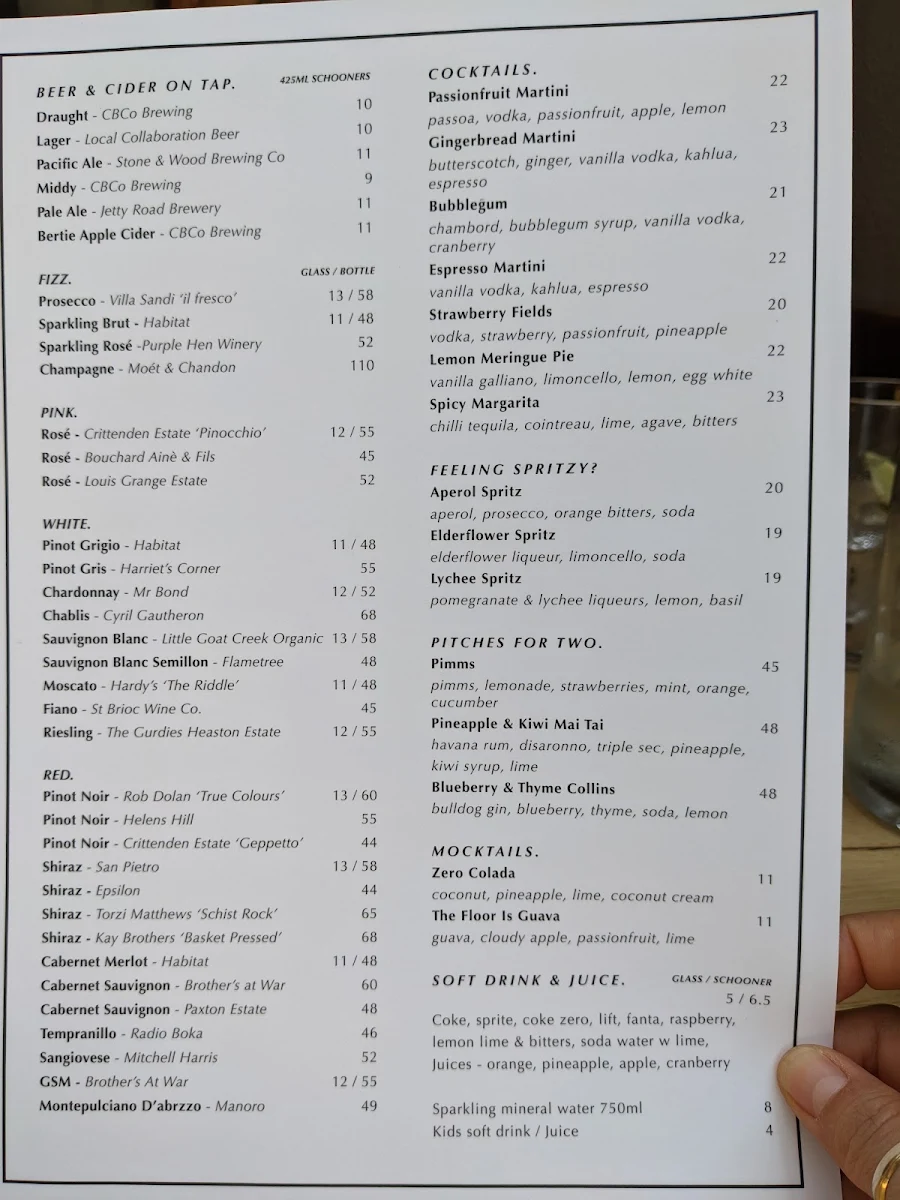 Menu, Hotel Phillip Island