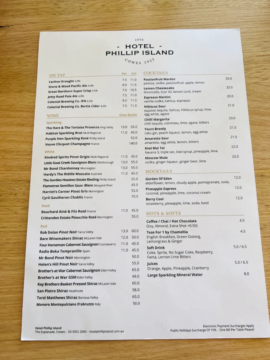 Menu, Hotel Phillip Island