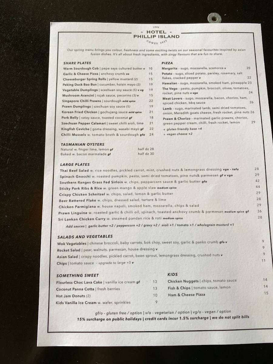 Menu, Hotel Phillip Island
