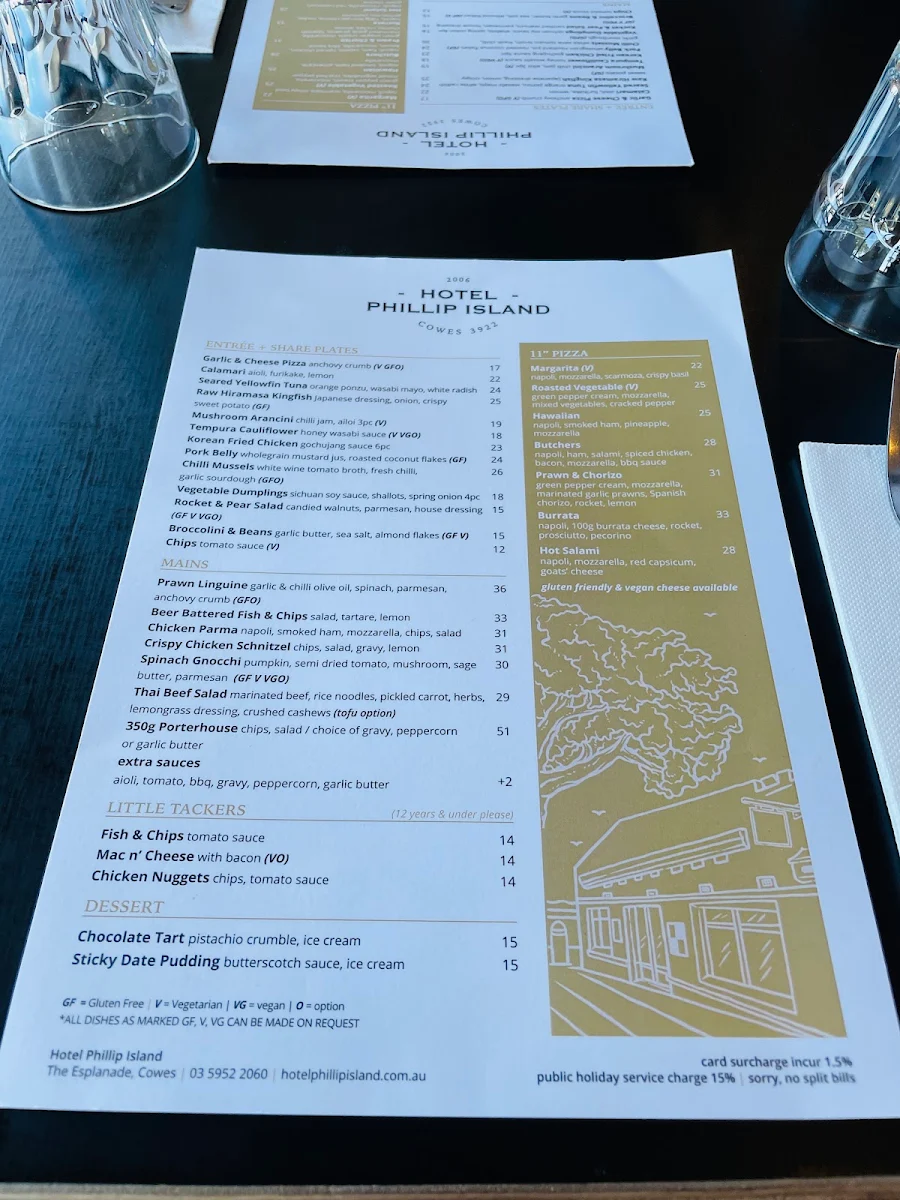 Menu, Hotel Phillip Island