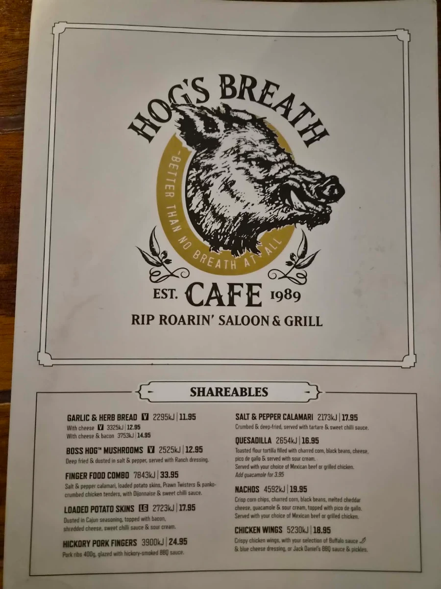 Menu, Hog's Breath Cafe Airlie Beach - The Original Hog's Breath - Ave 4.9 Stars last 23 months
