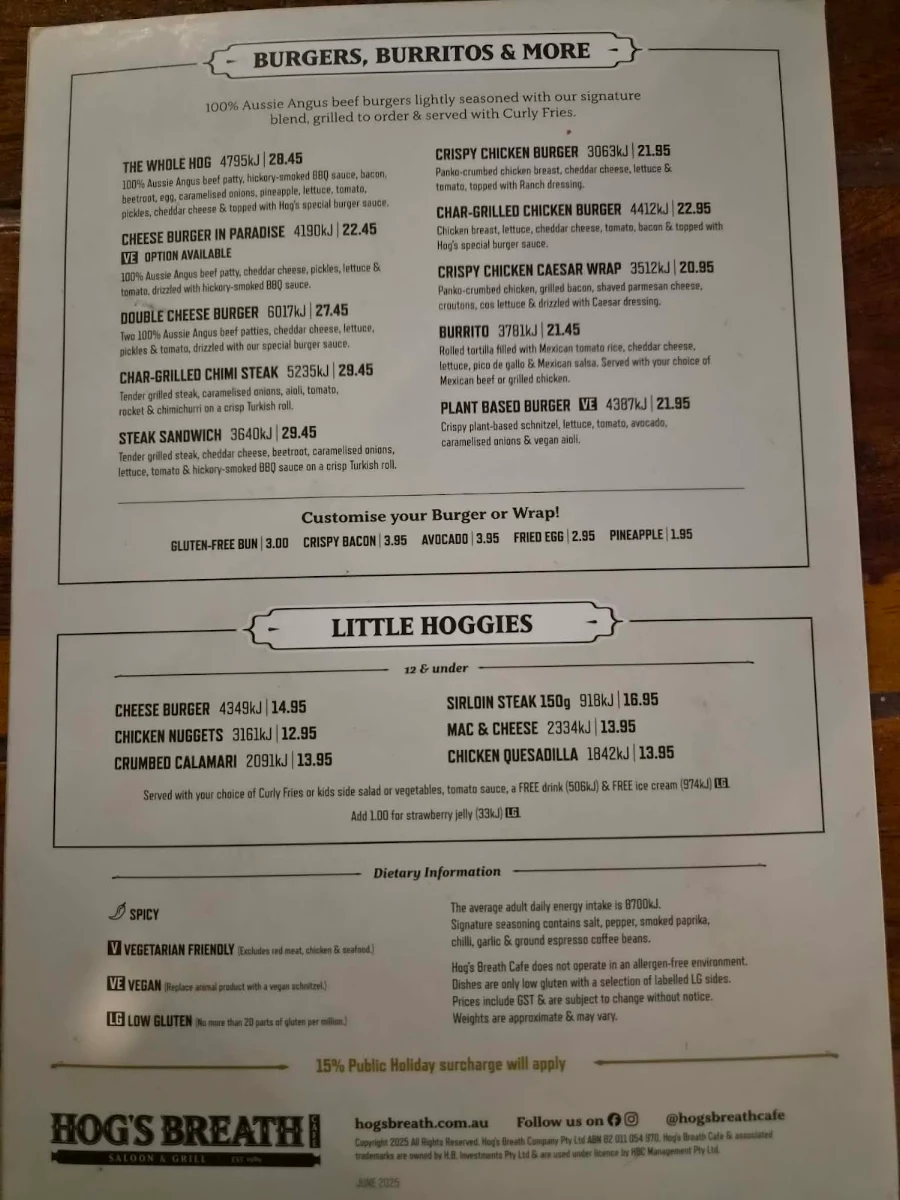Menu, Hog's Breath Cafe Airlie Beach - The Original Hog's Breath - Ave 4.9 Stars last 23 months