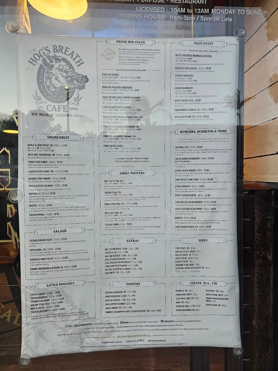 Menu, Hog's Breath Cafe Airlie Beach - The Original Hog's Breath - Ave 4.9 Stars last 23 months