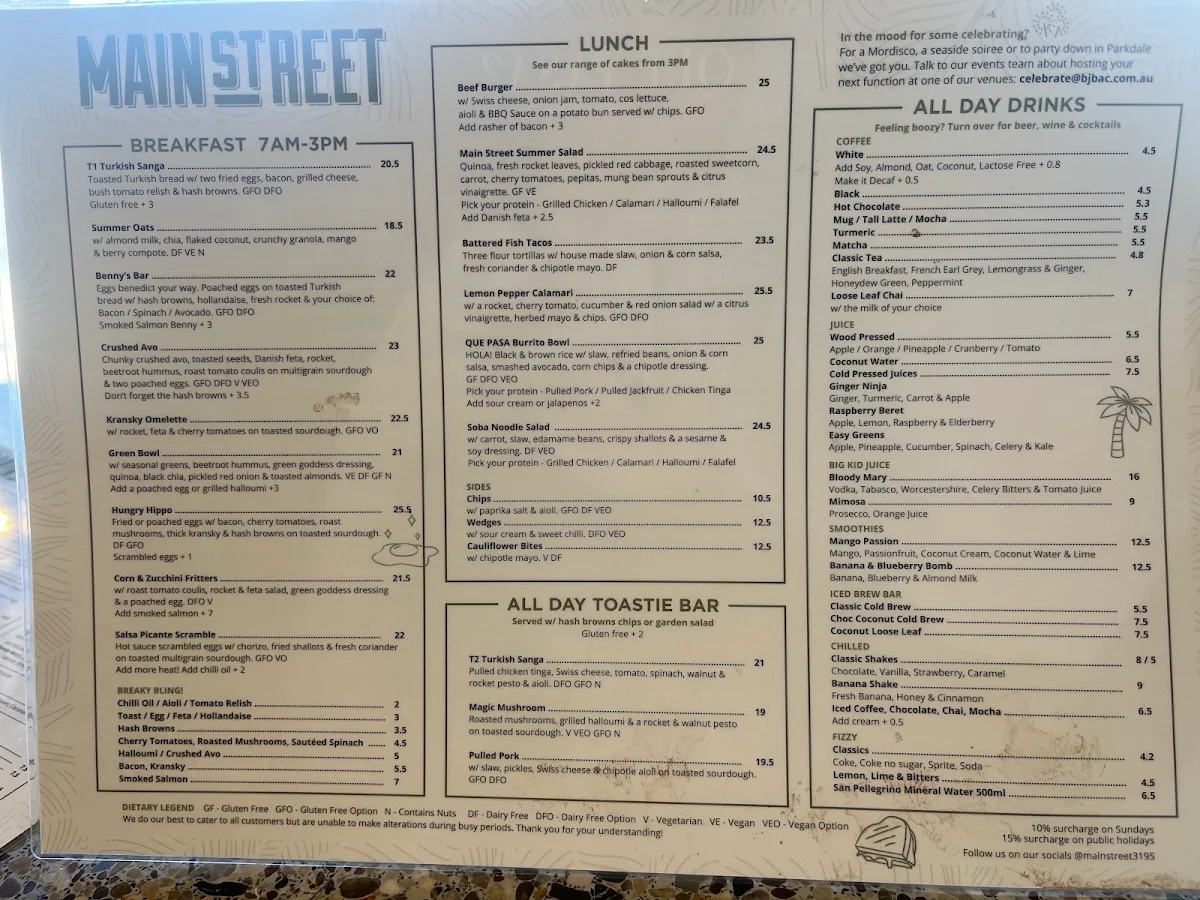 Menu, Main Street Cafe