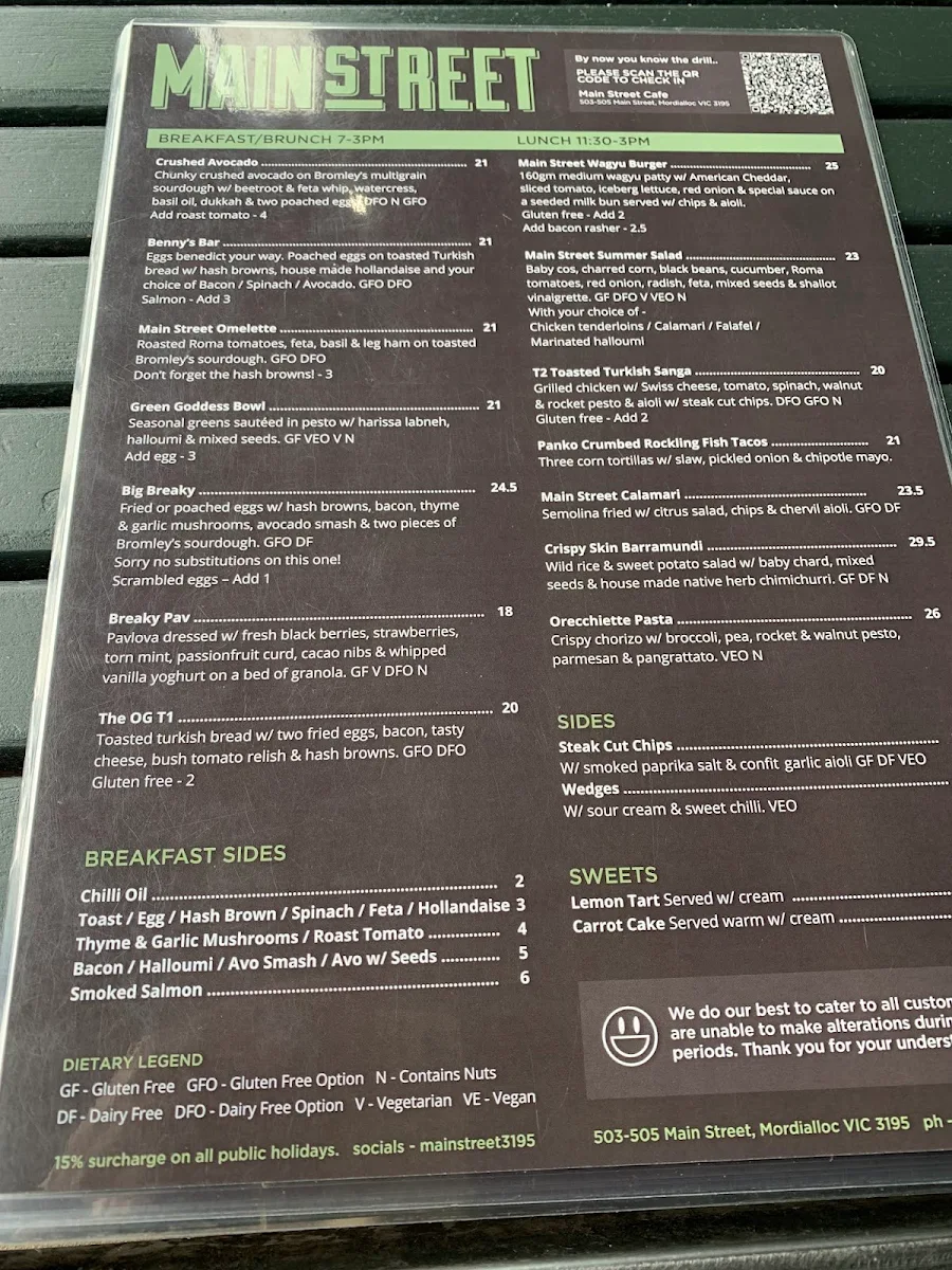 Menu, Main Street Cafe