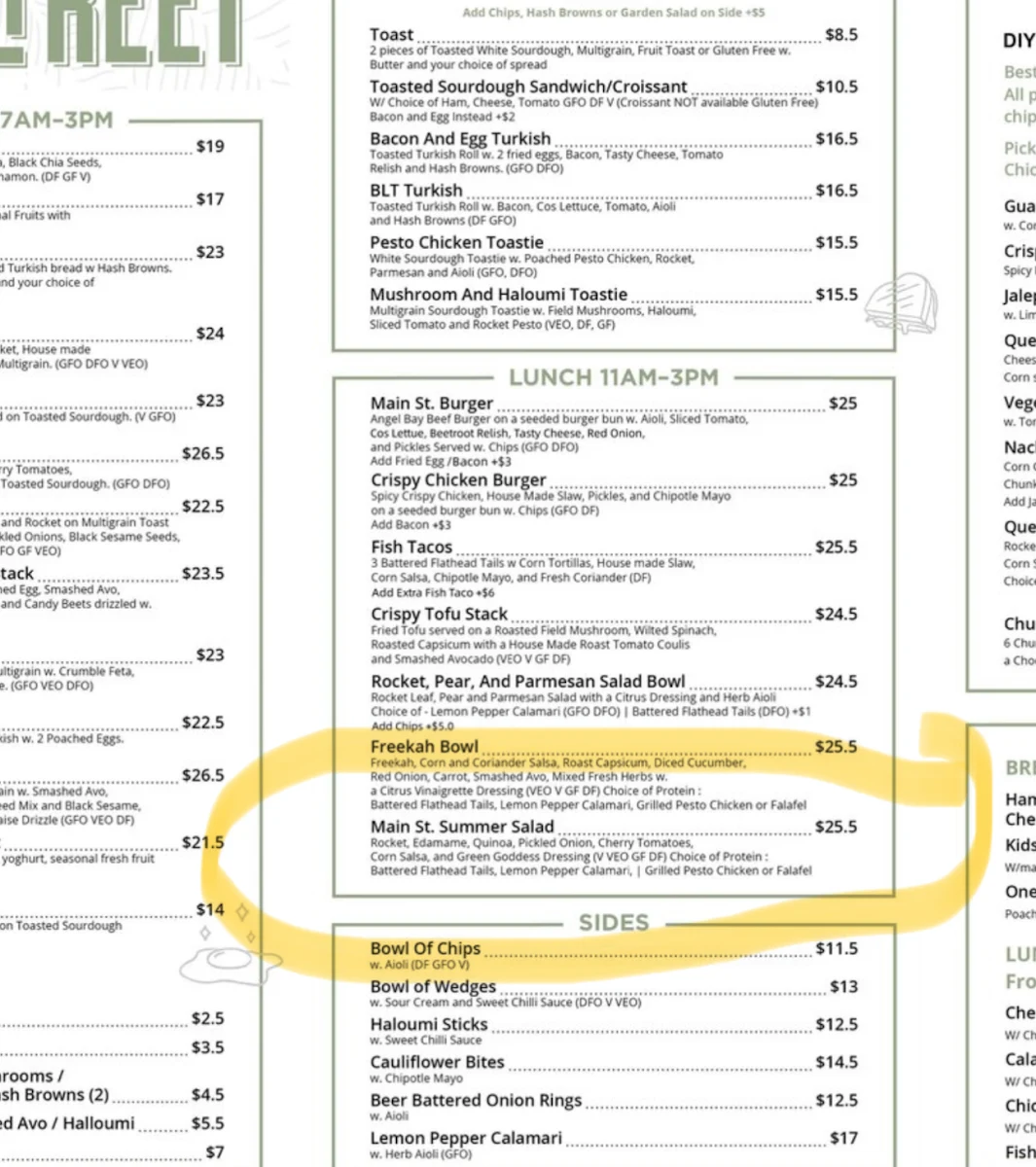 Menu, Main Street Cafe
