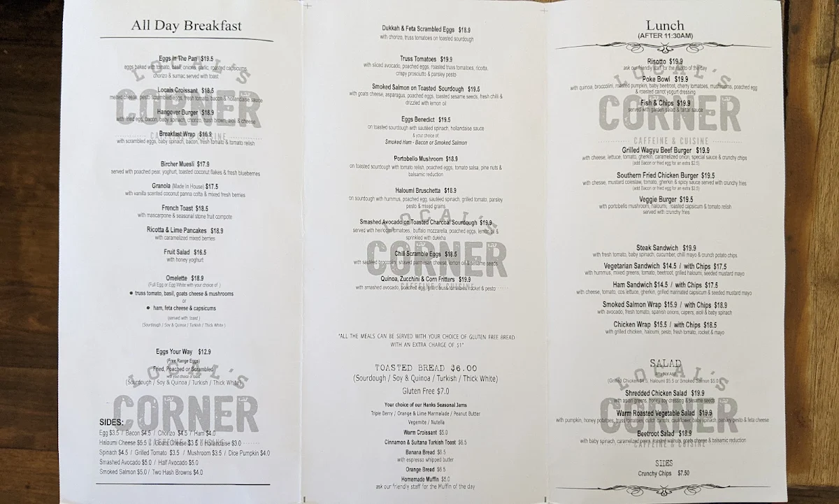 Menu, Locals Corner
