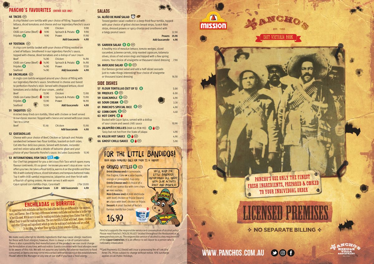 Menu, Pancho's Mexican Villa Restaurant - East Vic Park