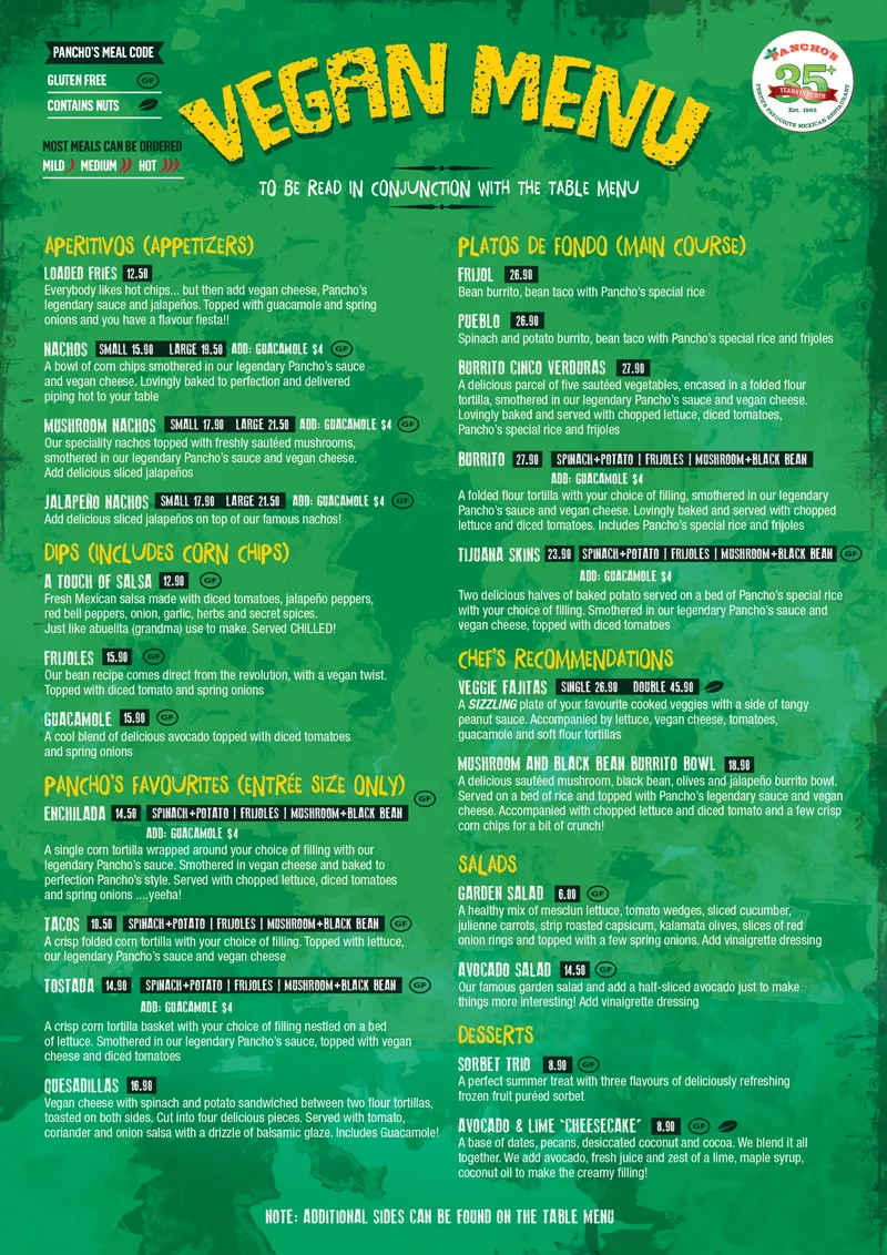 Menu, Pancho's Mexican Villa Restaurant - East Vic Park