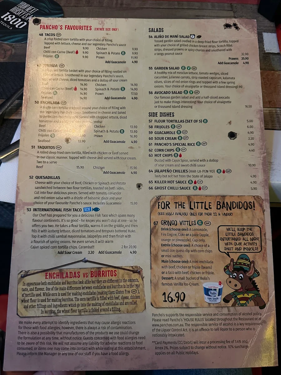 Menu, Pancho's Mexican Villa Restaurant - East Vic Park