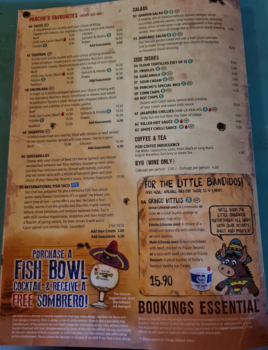 Menu, Pancho's Mexican Villa Restaurant - East Vic Park