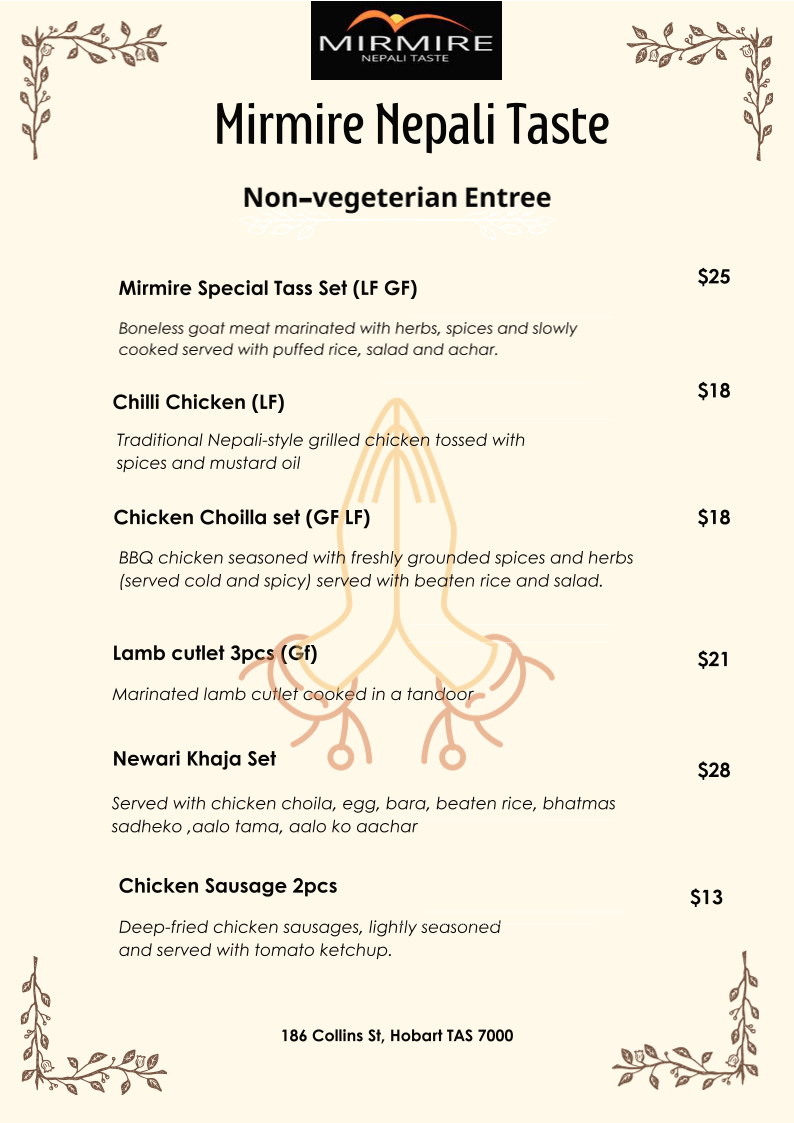 Menu, Mirmire Nepali Taste- (Nepali and Indian cuisine)