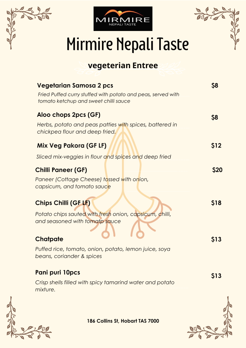 Menu, Mirmire Nepali Taste- (Nepali and Indian cuisine)