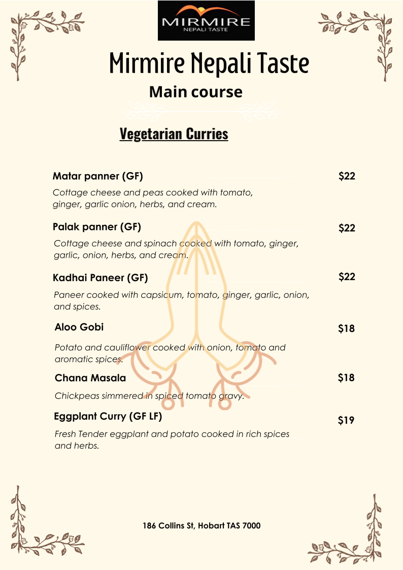 Menu, Mirmire Nepali Taste- (Nepali and Indian cuisine)