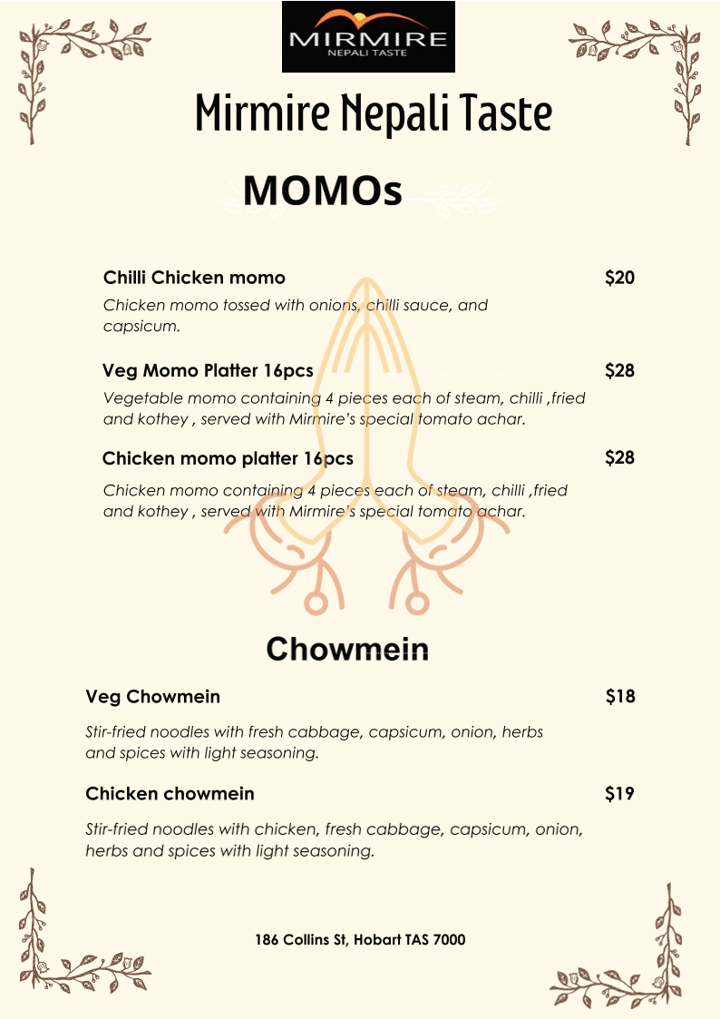 Menu, Mirmire Nepali Taste- (Nepali and Indian cuisine)