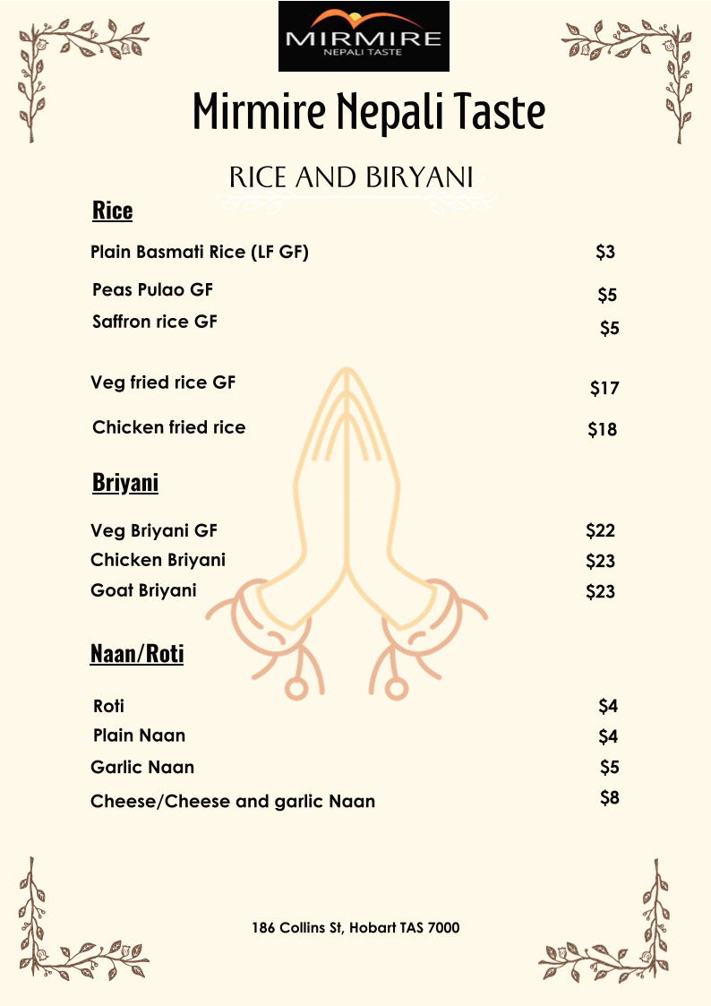 Menu, Mirmire Nepali Taste- (Nepali and Indian cuisine)