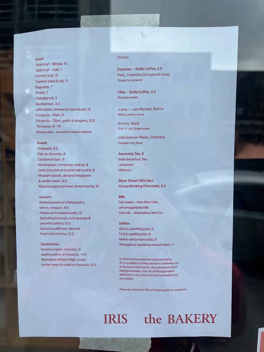 Menu, Iris The Bakery